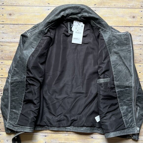 ZARA Size Small Relaxed Mens Leather Gray Jacket Coat Biker Aviator Racer NWT - Picture 6 of 16